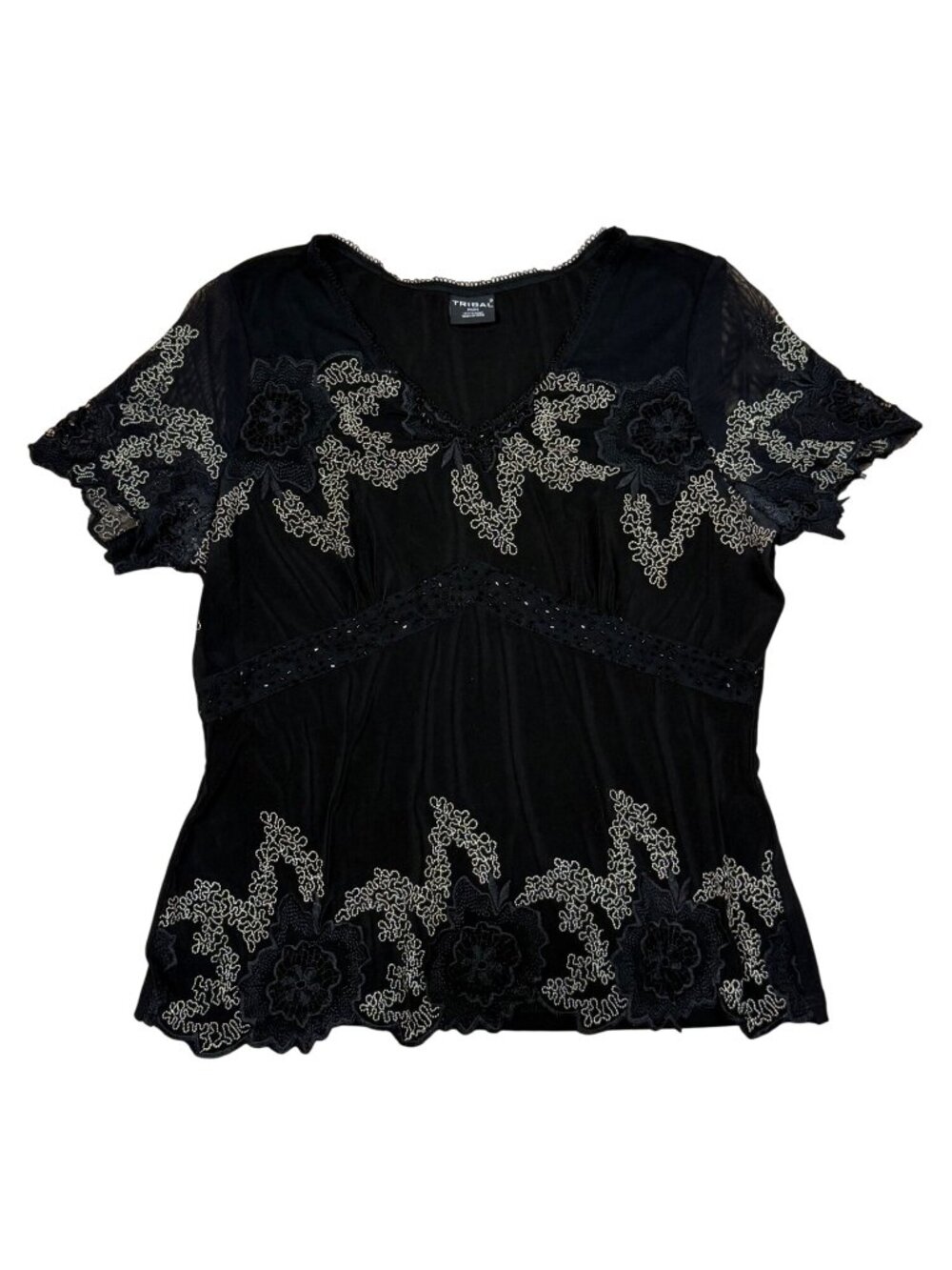 Y2K Tribal Micro Mesh Beaded Slinky Black Top Womens Medium Dark Fairy Grunge Co